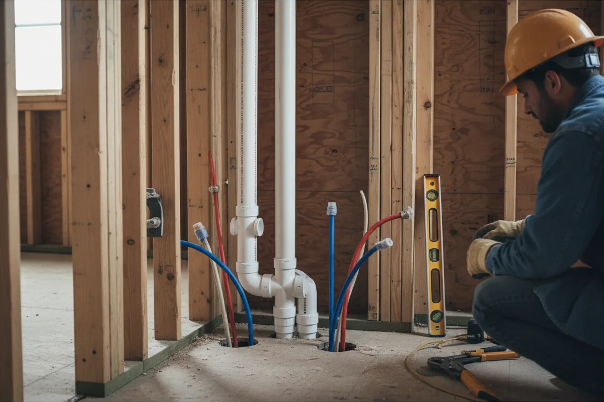 Drain and supply rough-in during Sump Pump Repair in Newton Upper Falls