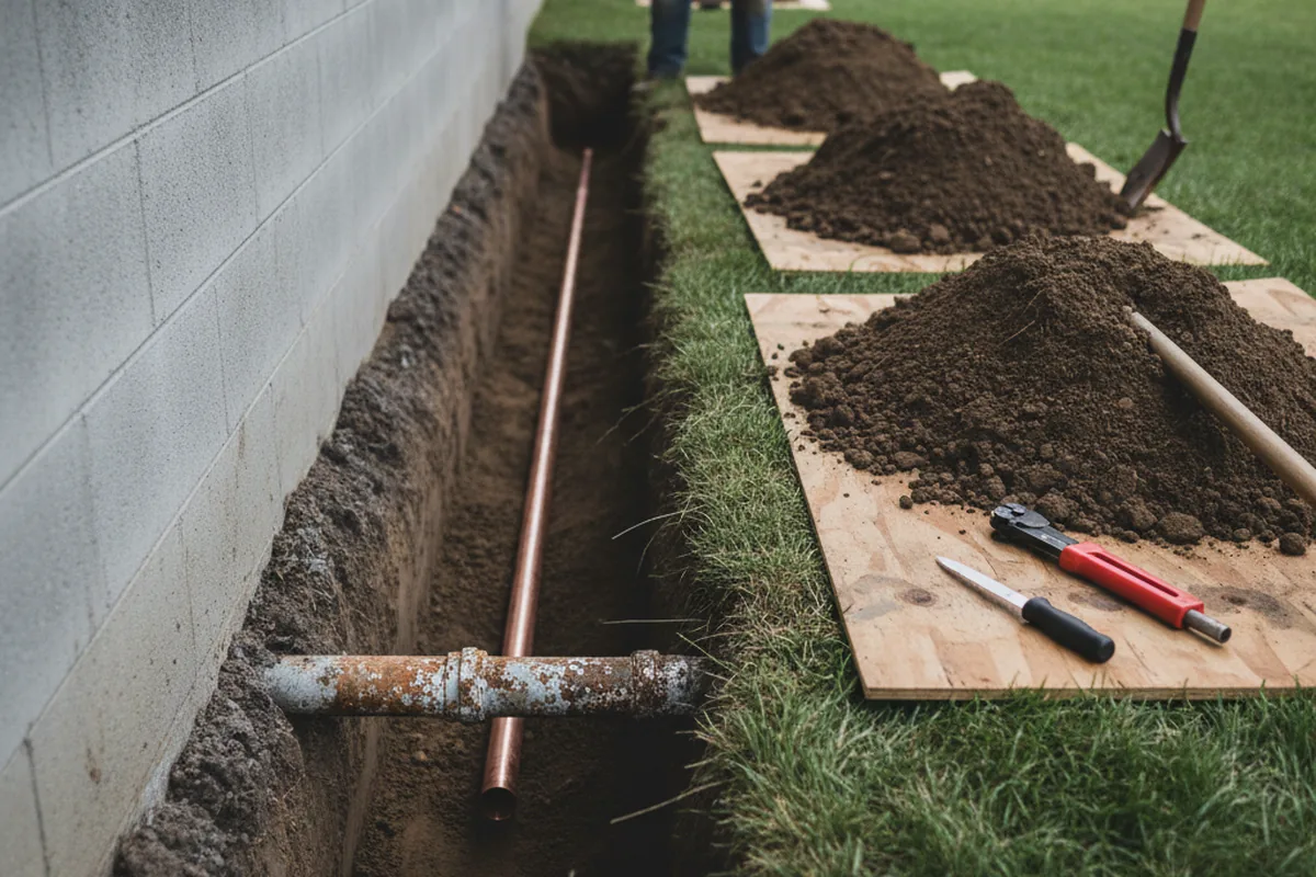 Excavated water line trench during Water Softener Installation in Newton Upper Falls
